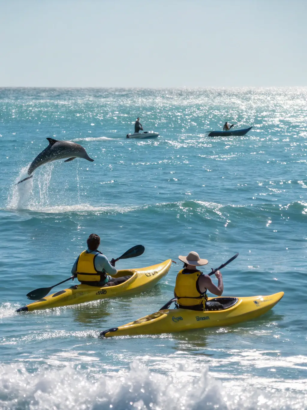 A captivating image of kayakers observing dolphins playing in their natural habitat during the 'Dolphin Discovery Kayak Tour', emphasizing the unique wildlife encounters.