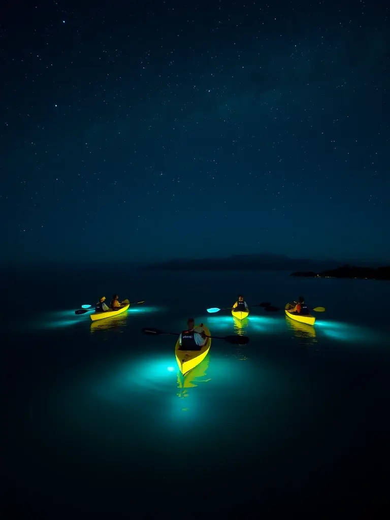 A nighttime shot of kayakers with illuminated kayaks paddling under a starry sky, capturing the magic of the Bioluminescent Night Tour offered by Seaview Kayak Tour.