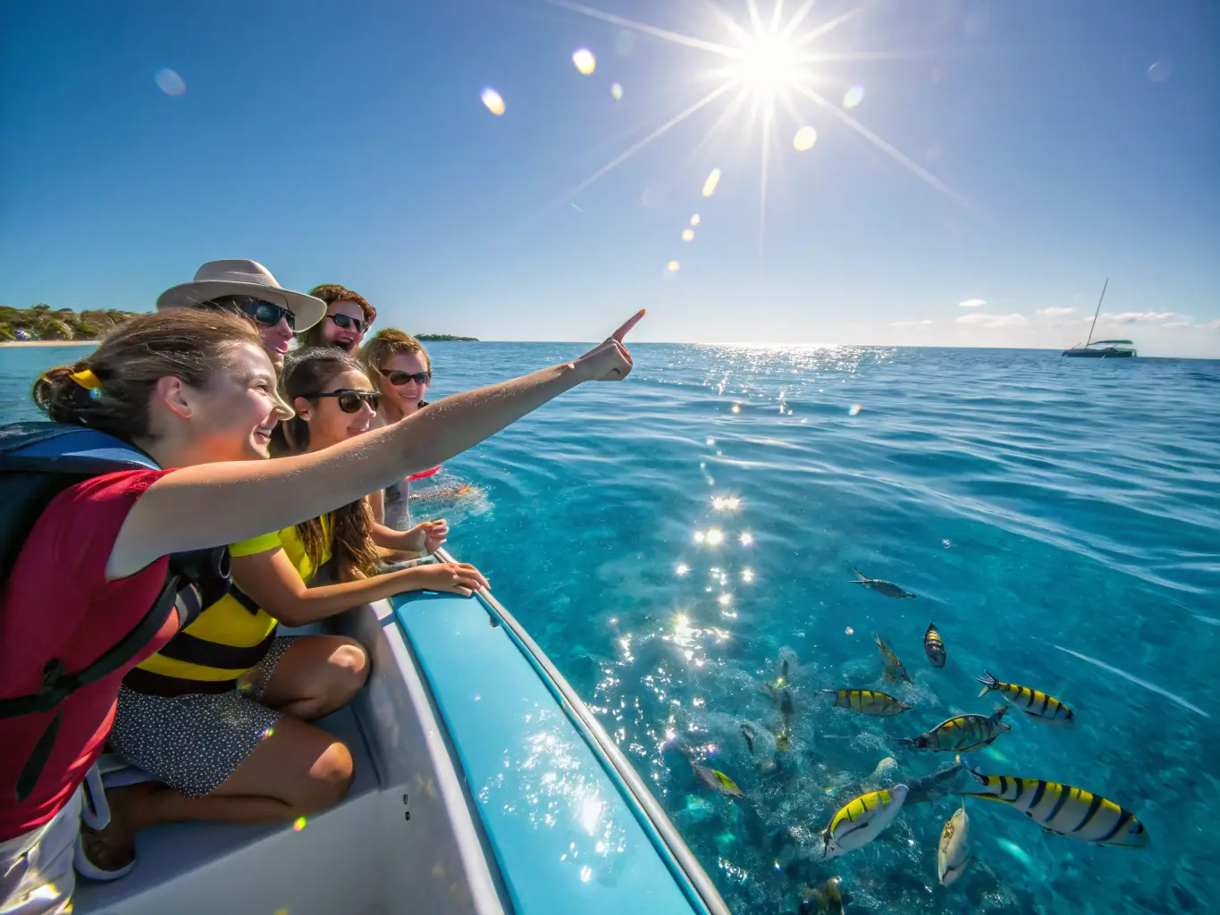 An image of a tour guide pointing out marine life to a group of kayakers, showcasing the educational aspect of the tour and the opportunity to learn about local ecosystems.