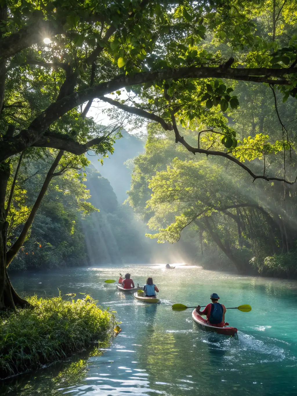 An action shot of a group of kayakers navigating through gentle rapids during the 'Coastal Adventure Kayak Tour', showcasing the excitement and teamwork involved.