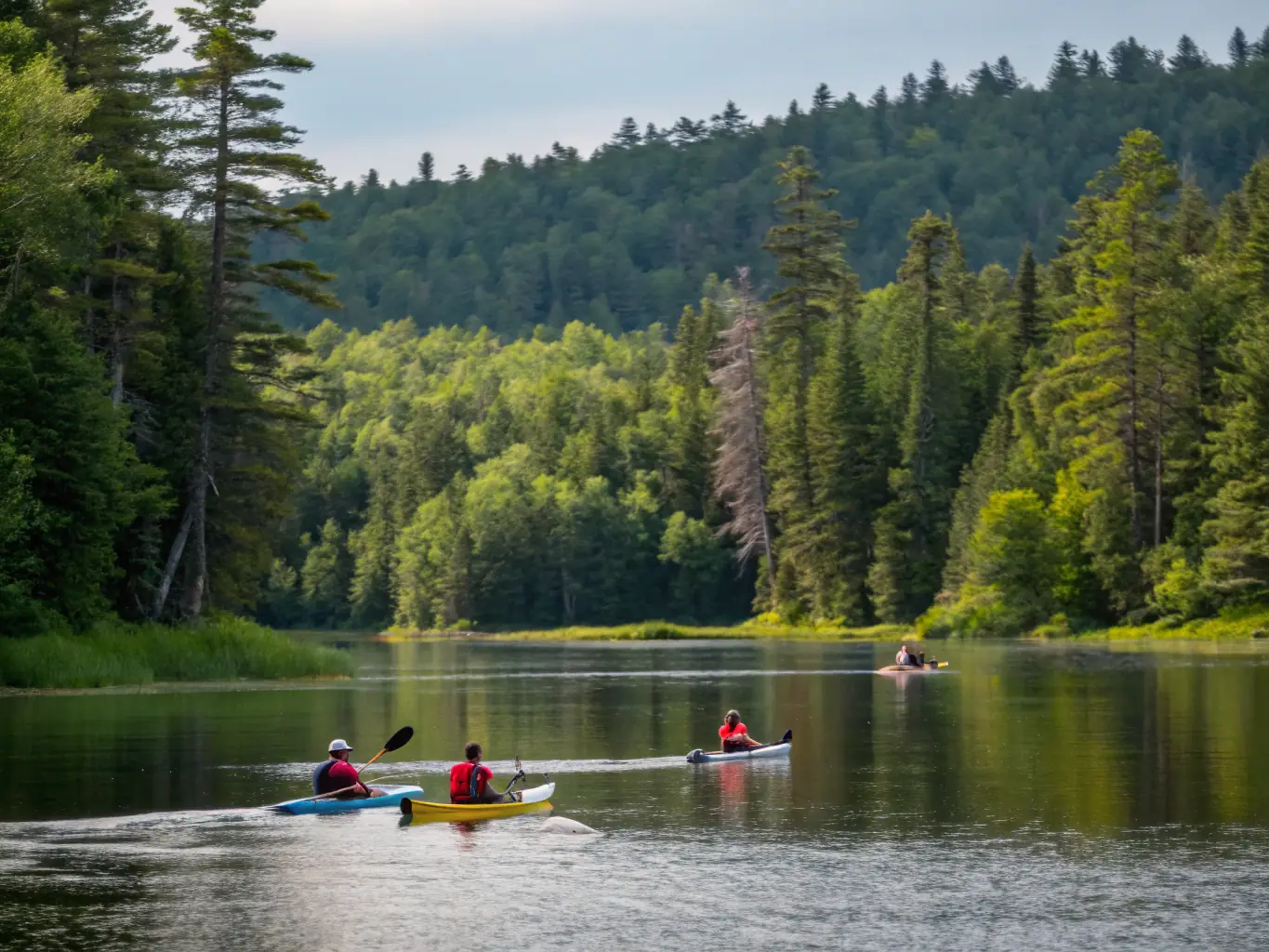 A group of people relaxing on their kayaks in a calm bay, surrounded by stunning natural scenery, emphasizing the relaxation aspect of the tour.