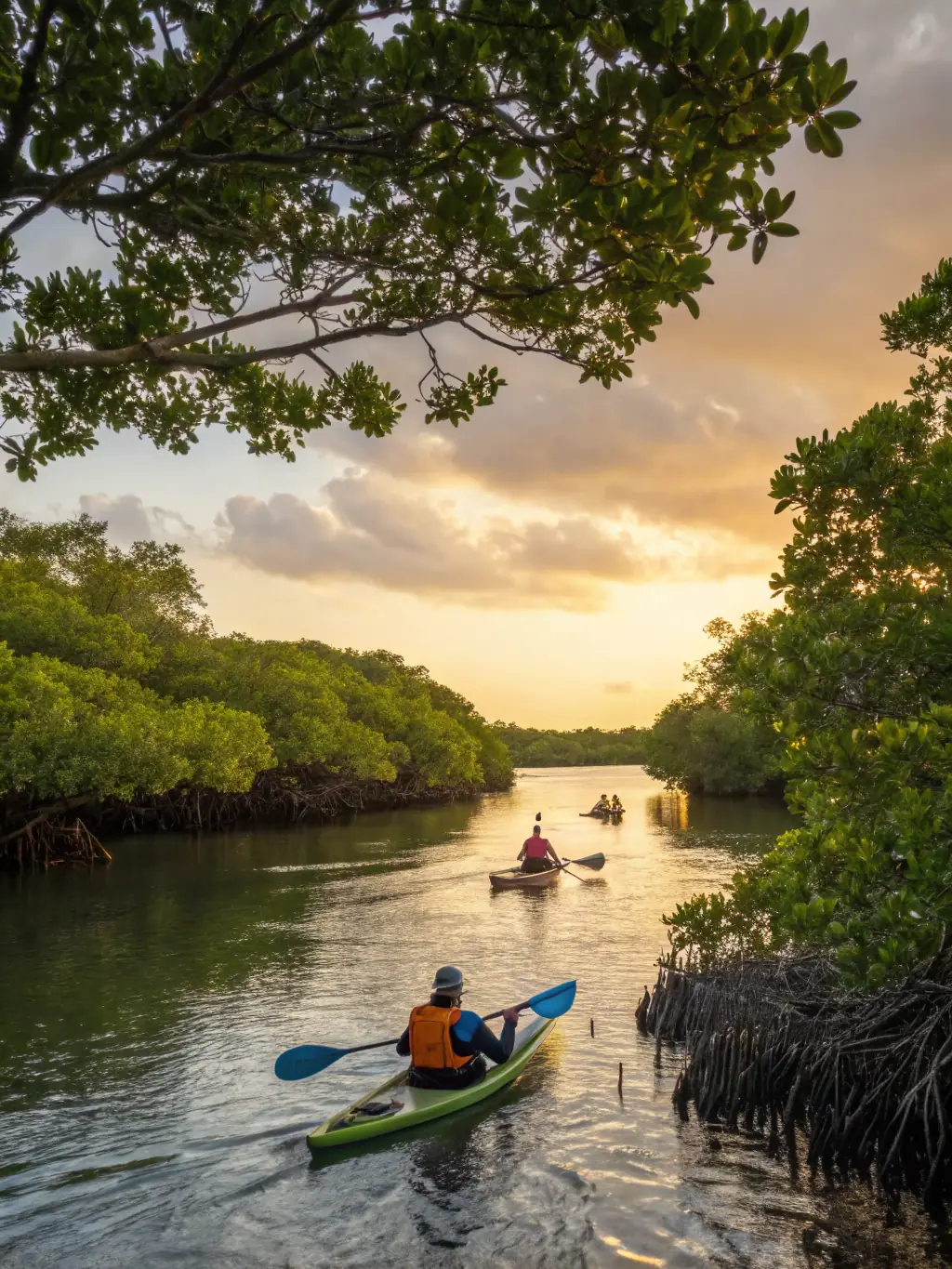 A stunning aerial view of kayakers paddling through a mangrove forest, emphasizing the unique ecosystem explored in the Mangrove Exploration Kayak Tour by Seaview Kayak Tour.