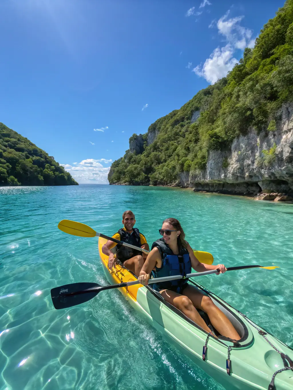 An action shot of kayakers navigating through gentle rapids, highlighting the adventurous nature of the Coastal Adventure Kayak Tour by Seaview Kayak Tour.