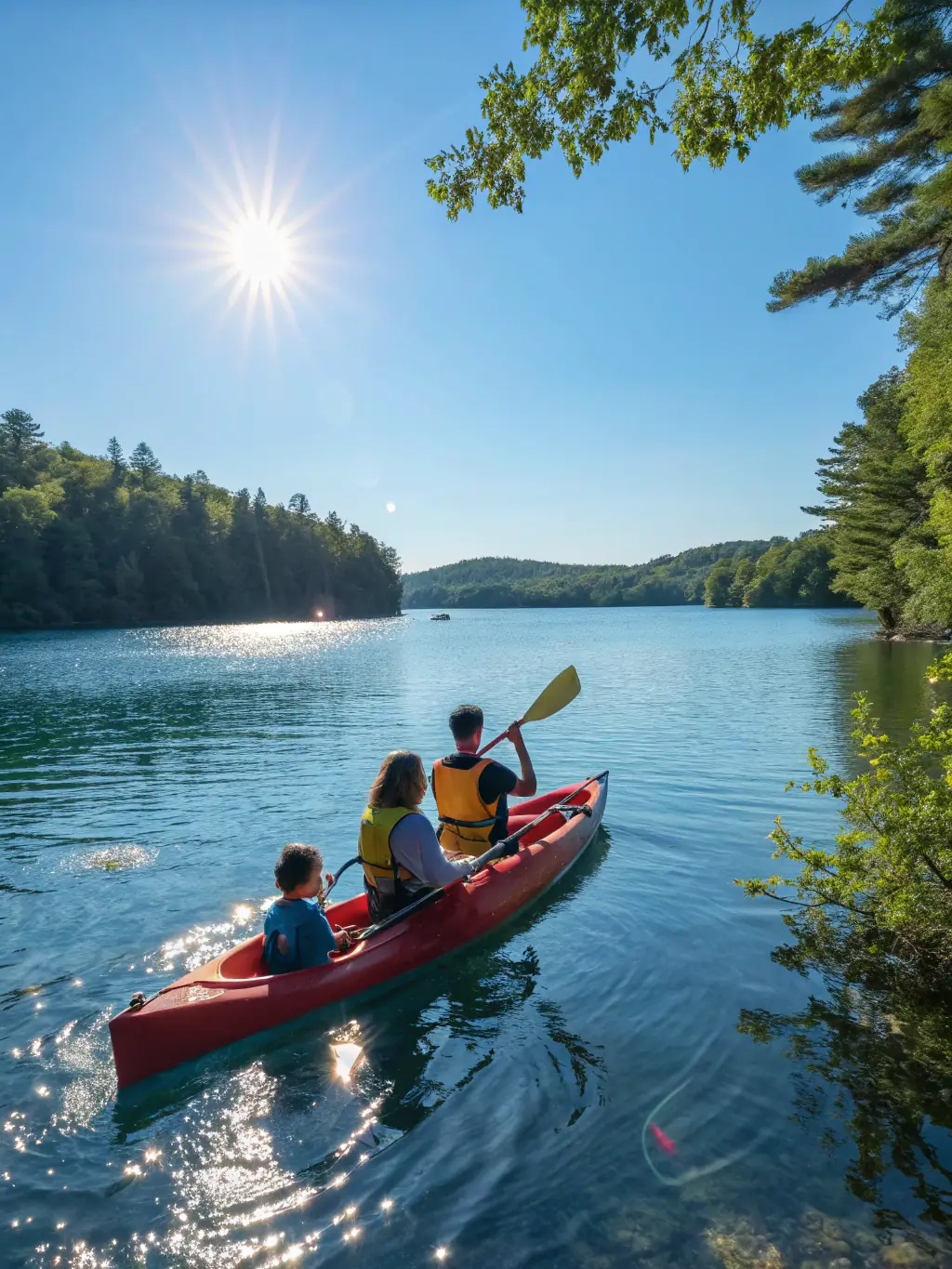 A serene image of kayakers paddling through calm, turquoise waters at sunrise, reflecting the peacefulness of the Morning Calm Kayak Tour offered by Seaview Kayak Tour.
